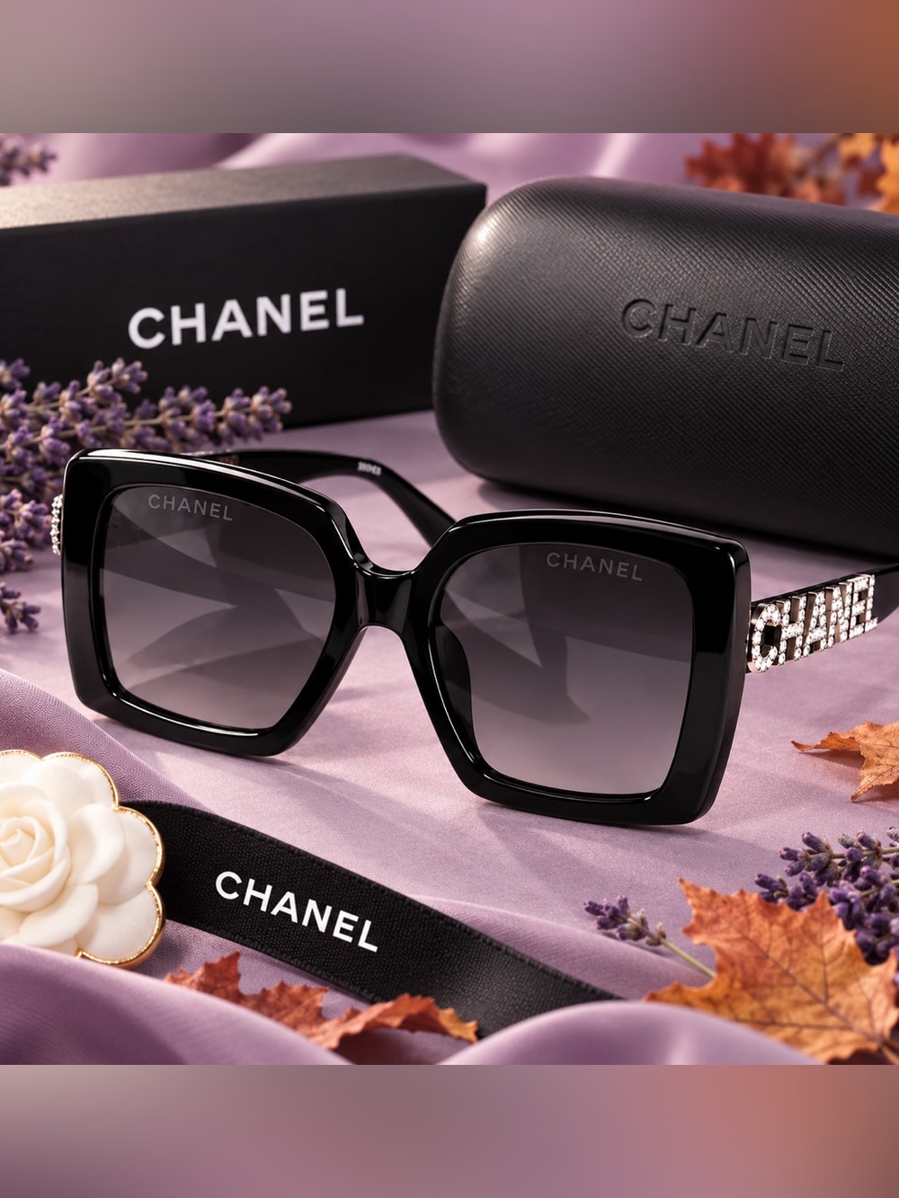 CHANEL Black Oversized Square Crystal embellished Logo Sunglasses 5422-B